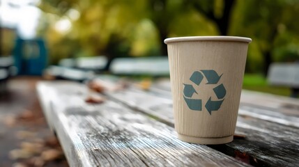 A recyclable paper cup featuring a green recycling symbol, resting on a weathered wooden bench in a lush park.