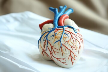 Anatomical Model of a Human Heart on a White Fabric Surface, Illustrating Cardiac Structures and Vessels