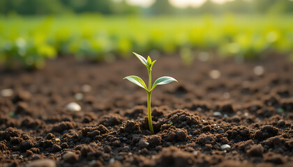 Small green plant growing in brown soil with blurred background dirt