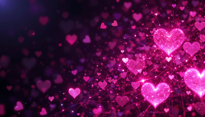 Glowing pink hearts on dark background with sparkling lines