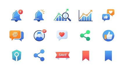 Social Media & Analytics Colorful Icon Set – Notifications, Likes, Charts & Engagement Icons