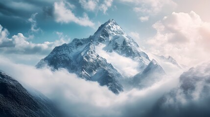 Snow covered mountain peak emerging from clouds image
