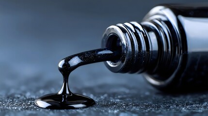 Obraz premium A close-up of glossy black paint flowing from a bottle, capturing its smooth texture and glossy finish.