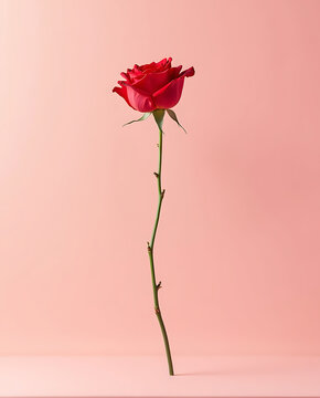 Vibrant single red rose standing upright with long curved stem against seamless pale pink background