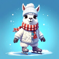 Obraz premium niedliches kleines Lama mit Mütze Schal und Schlittschuhe - blauer Hintergrund