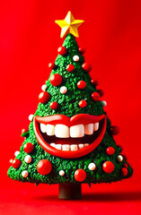 A Christmas tree decorated with a wide smile and snow-white teeth, set against a rich, bright red background. Concept for aesthetic dentistry and oral hygiene. Vertical greeting card with copy space