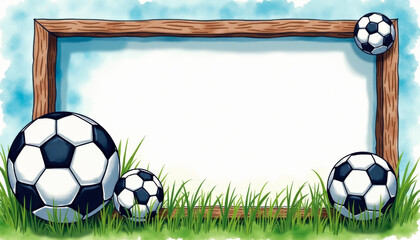 Naklejka premium Frame mockup of soccer balls with grass. Watercolor painting. Copy space.