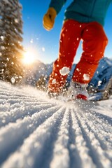 Energetic action moment with a runner splashing fresh snow under bright winter sunlight in the mountains