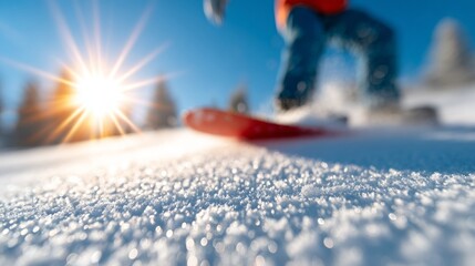 Dynamic winter scene with bright sunlight, sparkling snow crystals, and a strong sense of movement and cold freshness