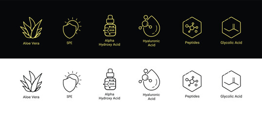 Organic cosmetic line icons set. Organic skin care components or labels. Sensitive Skin, Vitamin C, Omega-3 Fatty Acids, Hyaluronic Acid, Vitamin E, Aloe Vera, Retinol, Collagen, Peptides,