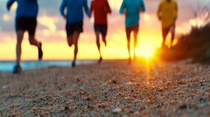 Group of runners training on the beach at sunset, captured with warm glowing light and dynamic movement for a motivational atmosphere