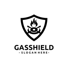 Safe gas stove logo design vector. Concept of protection and a gas stove with flame at the center to illustrate safety, energy, and reliability.