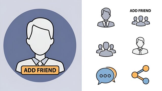 Add Friend Social Media Concept &ndash; User Profile & Friendship Icons for Networking Apps