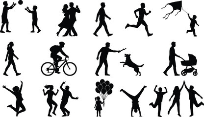 Silhouettes of families, children, and adults enjoying outdoor activities, showcasing play, exercise, bonding, joy, movement, leisure, and active lifestyle moments.