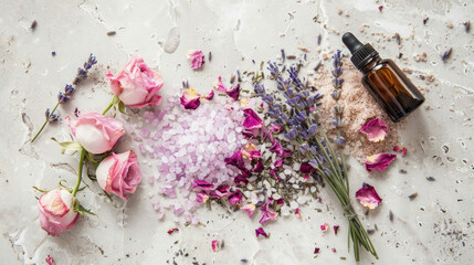 Flat lay of natural bath ingredients: pink roses, lavender, petals, and bath salt crystals on a pale stone surface