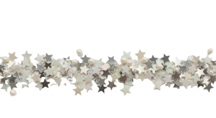 Macro studio photo of tiny, sharp, star-shaped confetti in polished silver and iridescent pearl white, gently floating against a clean high-key background. Concept of refined luxury background