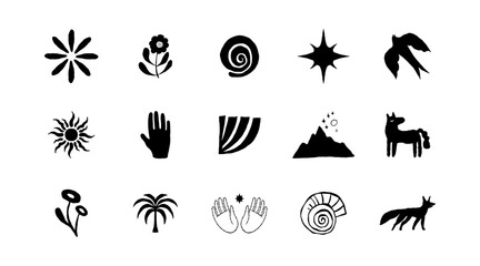 Fototapeta premium Vector hand drawn rough ink mystical symbols, sacred boho signs, design elements for branding and packaging, abstract shapes and glyphs