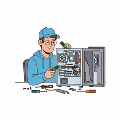 vector illustration of a person assembling a PC