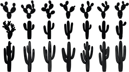 Black Cactus Silhouette Vector Set: Prickly Pear, Saguaro, and Columnar Desert Plants for Southwestern and Mexican Themed Design Elements.