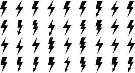 Black Lightning Bolt Icon Set: Electricity, Power, Flash, Energy, Thunderstorm, Speed, Charging, Hazard, Warning, Danger, Symbol, Sign, Vector Illustration Pack.