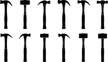 Black Silhouette Hammer Vector Icons: Various Types of Tools for Carpentry, Construction, DIY Repair, and Home Improvement Graphics isolated on White.