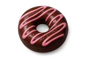 Chocolate donut with pink icing on transparent background design art.