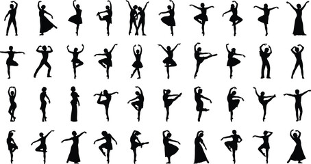 Black Silhouette Set of Elegant Ballerina Dancers in Various Dynamic Ballet Poses for Dance Class, Performance, and Theatrical Arts
