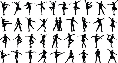 Figure Skating Silhouettes Set: Diverse Poses, Ice Skaters, Couples, and Women Performing Artistic Jumps and Spins Vector Collection