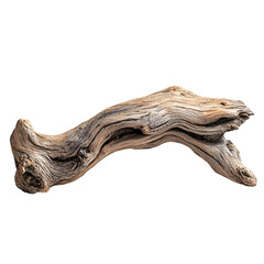 Front view of smooth driftwood branch isolated on a white transparent background
