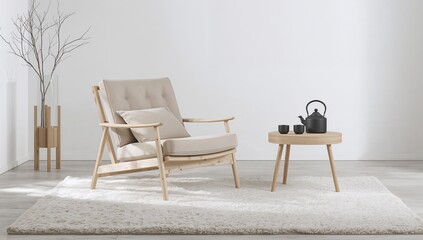 Minimal modern living room with a wooden armchair, small coffee table, teapot set, and neutral decor in a bright, minimalist interior setting.