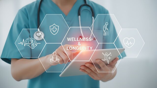 A medical professional in scrubs uses a digital tablet, overlaid with health and wellness icons, representing longevity and healthcare. - Powered by Adobe