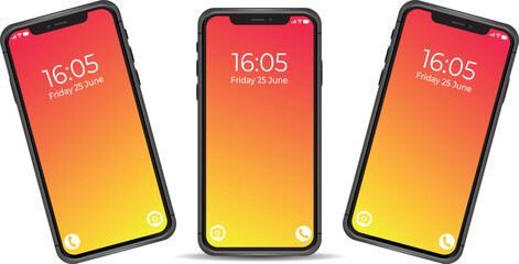 Three smartphones with gradient lock screen wallpaper against a white background Vector © Alex