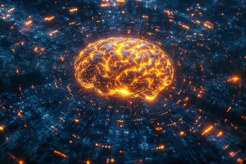 Glowing digital human brain structure illuminates a complex futuristic circuit board representing artificial intelligence and deep learning concepts