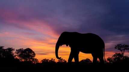 Fototapeta premium Silhouette of an elephant standing against a vibrant sunset sky, warm hues, serene landscape, peaceful scene,