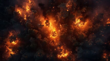 Intense Wildfire Devastating Dense Tropical Forest with Thick Black Smoke and Environmental Destruction.