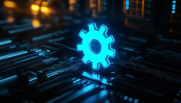 Glowing cyan gear icon hovers over a dark futuristic circuit board symbolizing digital technology settings and system configuration processes - Powered by Adobe