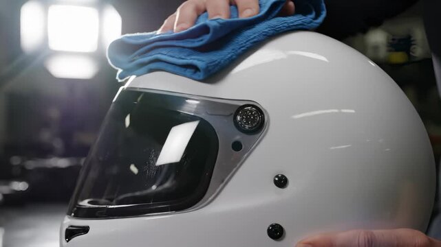 Hand Cleaning a White Racing Helmet With a Blue Microfiber Cloth