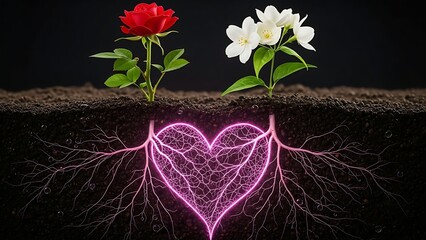 Two flowers red rose and white jasmine growing from soil with glowing heart shaped roots below