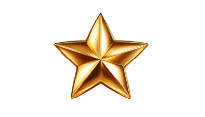 Polished metallic gold five pointed star with faceted surface on a checkerboard background