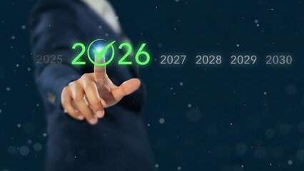 A person points to the year 2026, marking a significant milestone or goal in a photorealistic visual representation.