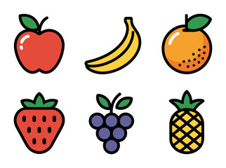 Set of six colorful cartoon fruits apple banana orange strawberry grapes pineapple