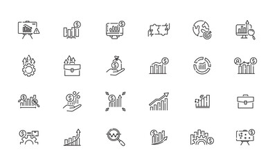 Minimalist business and finance symbols expressing growth, strategy, and analysis in digital workspace mockup icon set