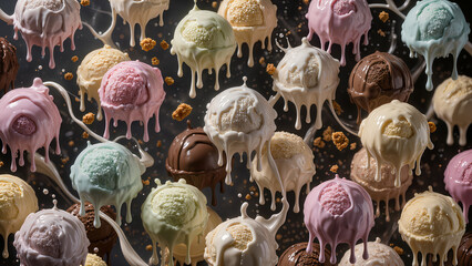 A luxurious and hyper-realistic pattern of ice cream scoops, scattered chaotically on a deep black background, with dynamic flying crumbs and splash effects around.