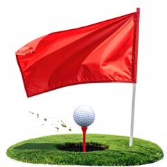 Golf ball teed up by red flag on green patch