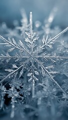 Macro photo of detailed ice snowflake crystal. Close up of intricate frozen snowflake on blue background. Delicate winter ice snowflake macro texture.