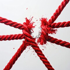 Snapped red rope, center fraying, silver knots visible