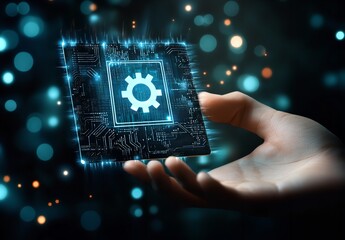 Human hand presenting a glowing digital circuit board featuring a central gear icon symbolizing technology integration and system configuration in darkness