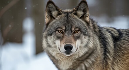 Close-up portrait of a wild wolf with piercing amber eyes in a snowy forest