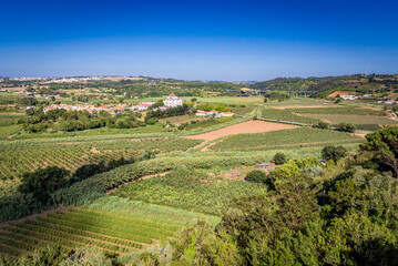 Aerial view from walls of Obidos town, Oeste region, Leiria District of Portugal with Sanctuary of the Lord of the Stone