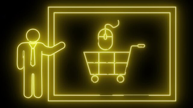Neon shopping concept with businessman and cart, perfect for e-commerce visuals
